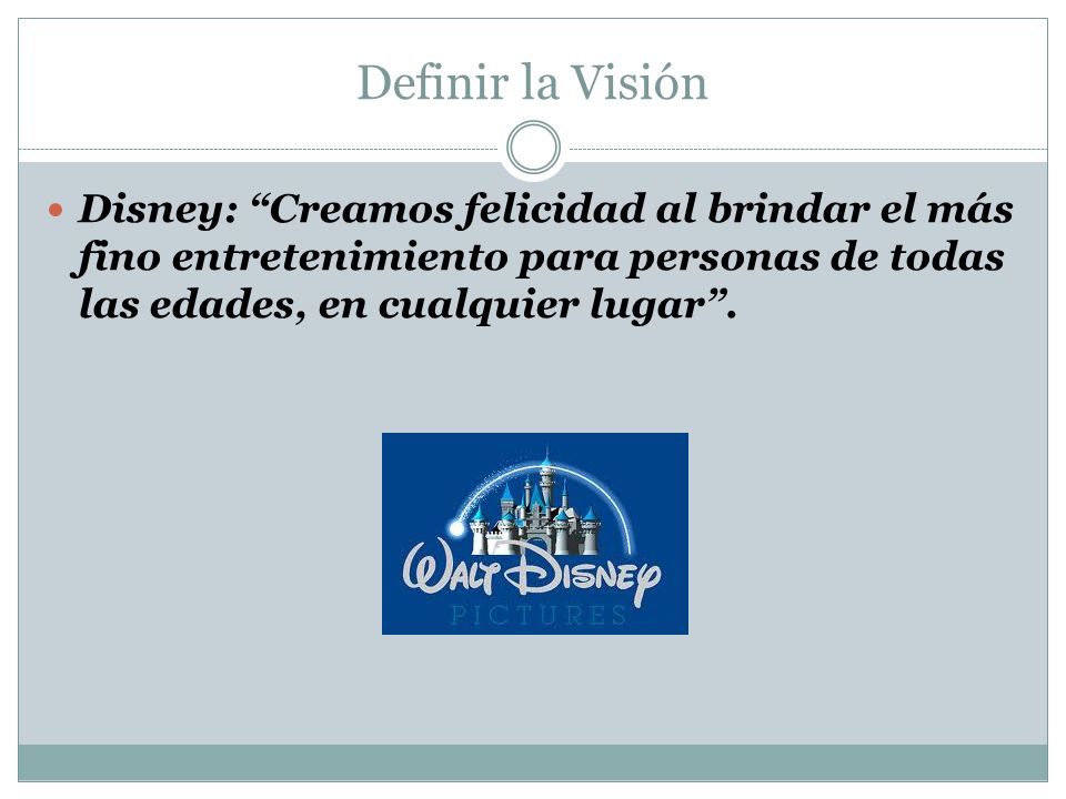 Definir la Visión Disney: Creamos felicidad al brindar el más fino entretenimiento para personas de todas las edades, en cualquier lugar .