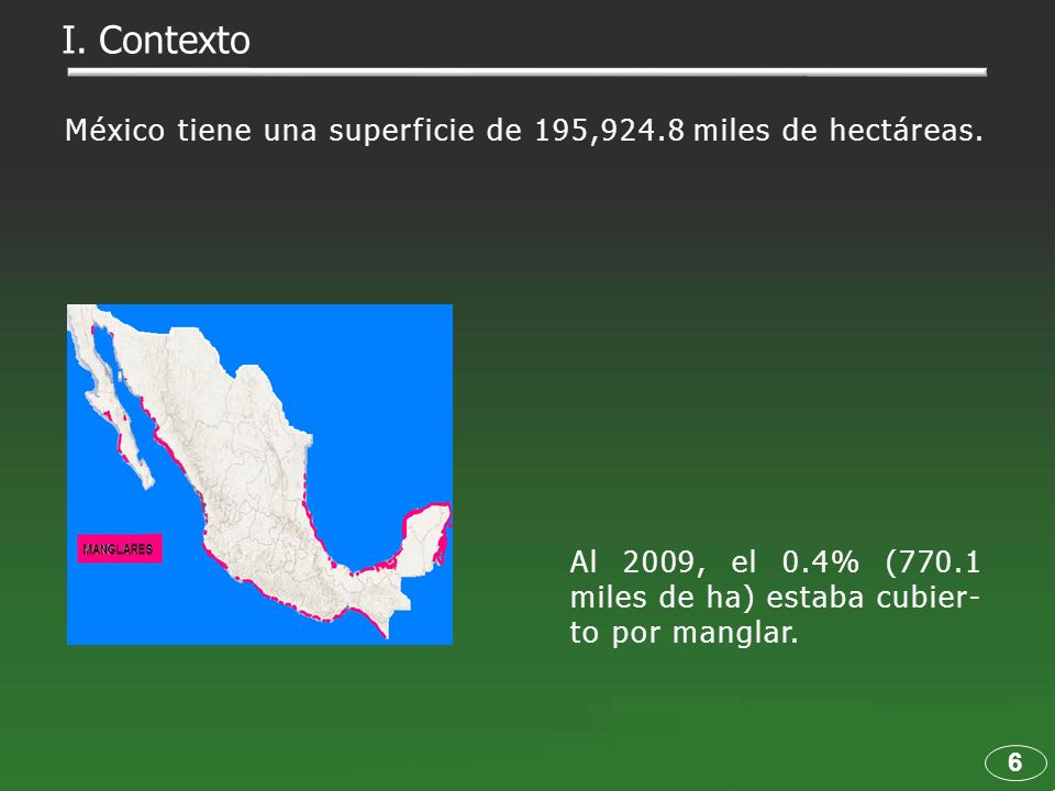 I. Contexto México tiene una superficie de 195,924.8 miles de hectáreas. Al 2009, el 0.4% (770.1 miles de ha) estaba cubier-to por manglar.