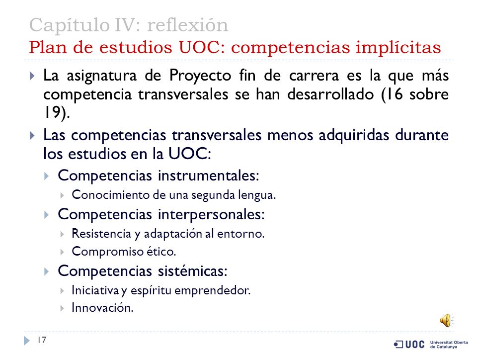 Capítulo IV: reflexión Plan de estudios UOC: competencias implícitas