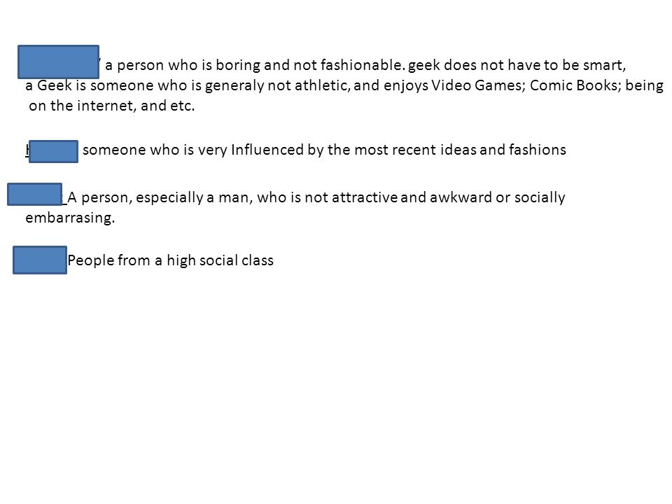 Geek /gi:k/ a person who is boring and not fashionable