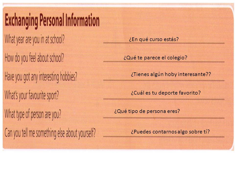 ¿En qué curso estás ¿Qué te parece el colegio ¿Tienes algún hoby interesante ¿Cuál es tu deporte favorito