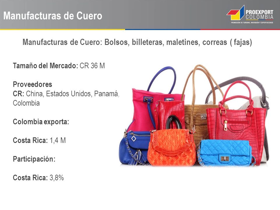 Manufacturas de Cuero Manufacturas de Cuero: Bolsos, billeteras, maletines, correas ( fajas) Tamaño del Mercado: CR 36 M.