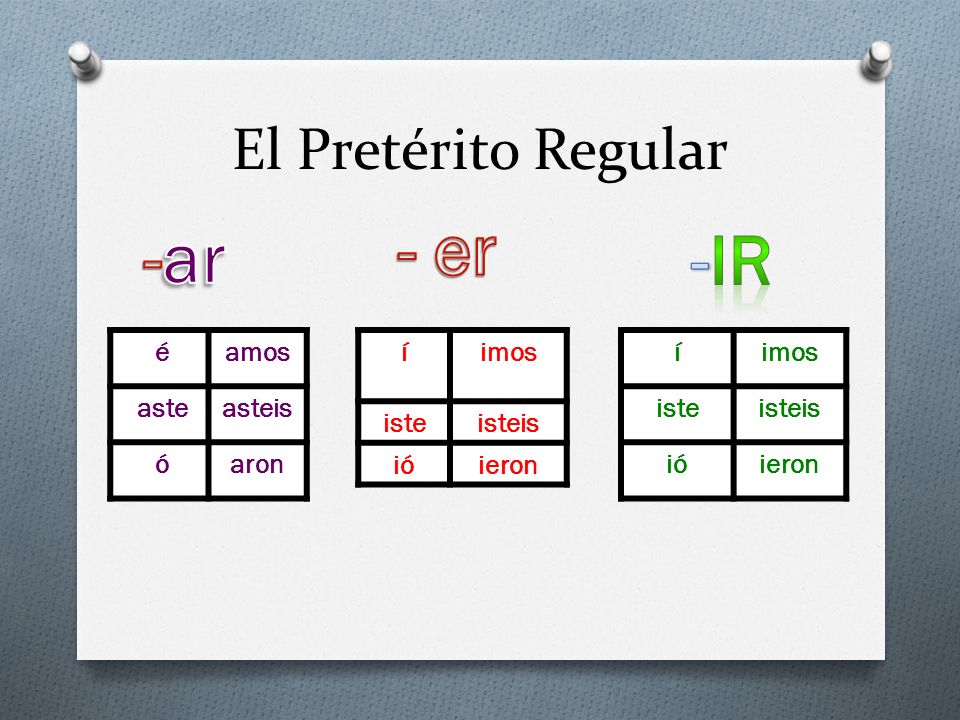 - er -ar -ir El Pretérito Regular é amos aste asteis ó aron í imos