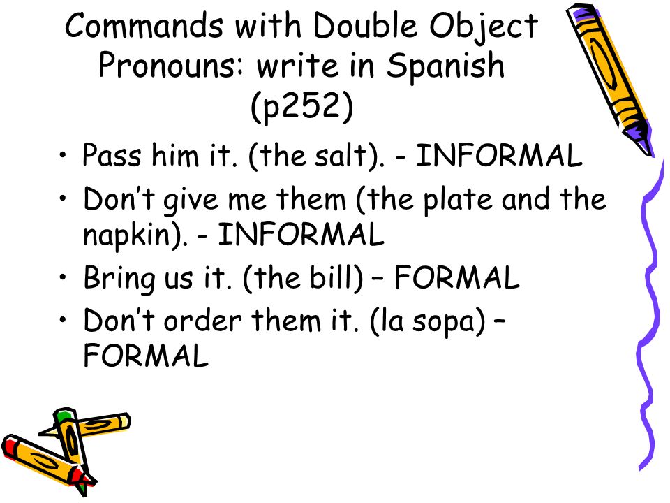 Commands with Double Object Pronouns: write in Spanish (p252)