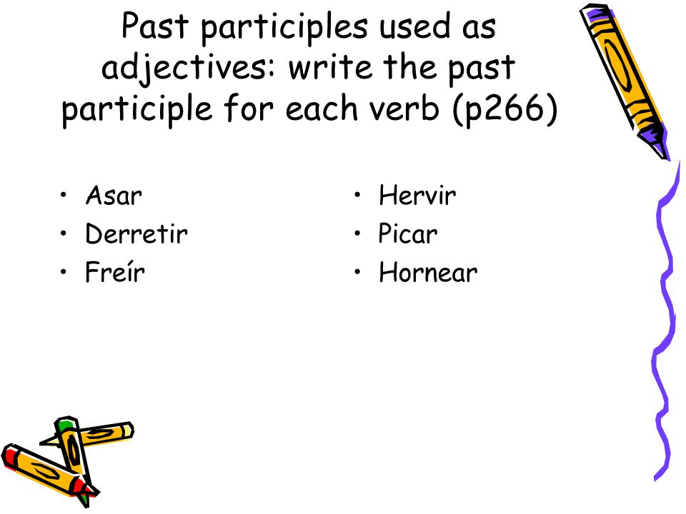 Past participles used as adjectives: write the past participle for each verb (p266)