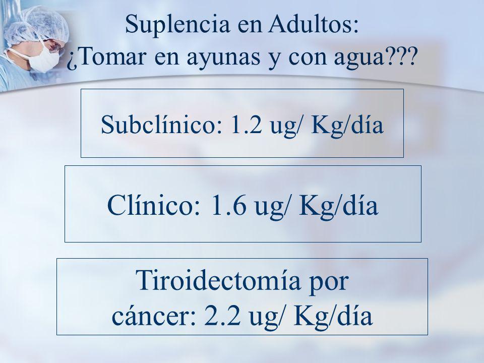 Clínico: 1.6 ug/ Kg/día Tiroidectomía por cáncer: 2.2 ug/ Kg/día