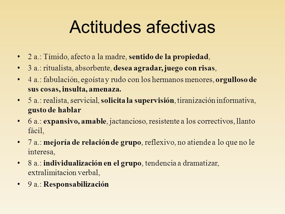 Actitudes afectivas 2 a.: Tímido, afecto a la madre, sentido de la propiedad, 3 a.: ritualista, absorbente, desea agradar, juego con risas,