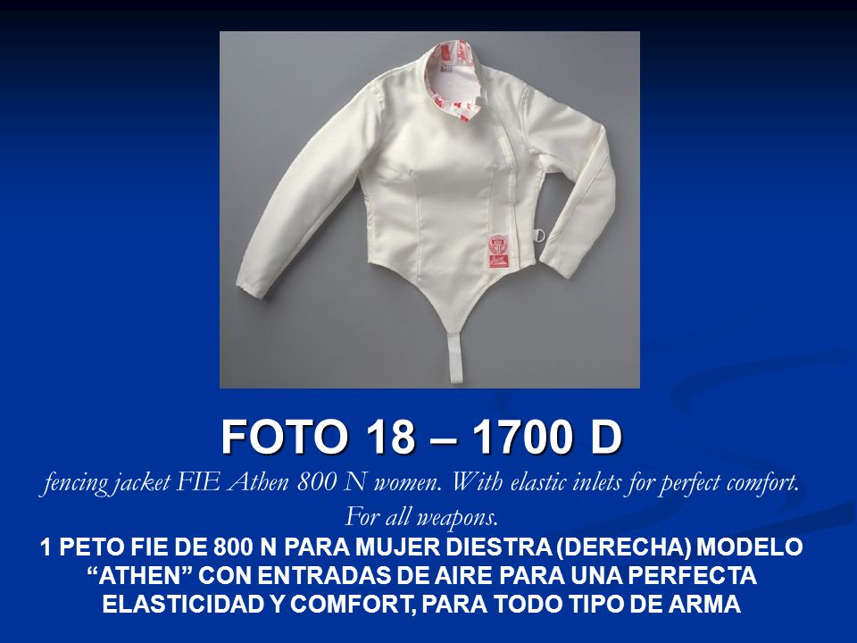 FOTO 18 – 1700 D fencing jacket FIE Athen 800 N women. With elastic inlets for perfect comfort. For all weapons.