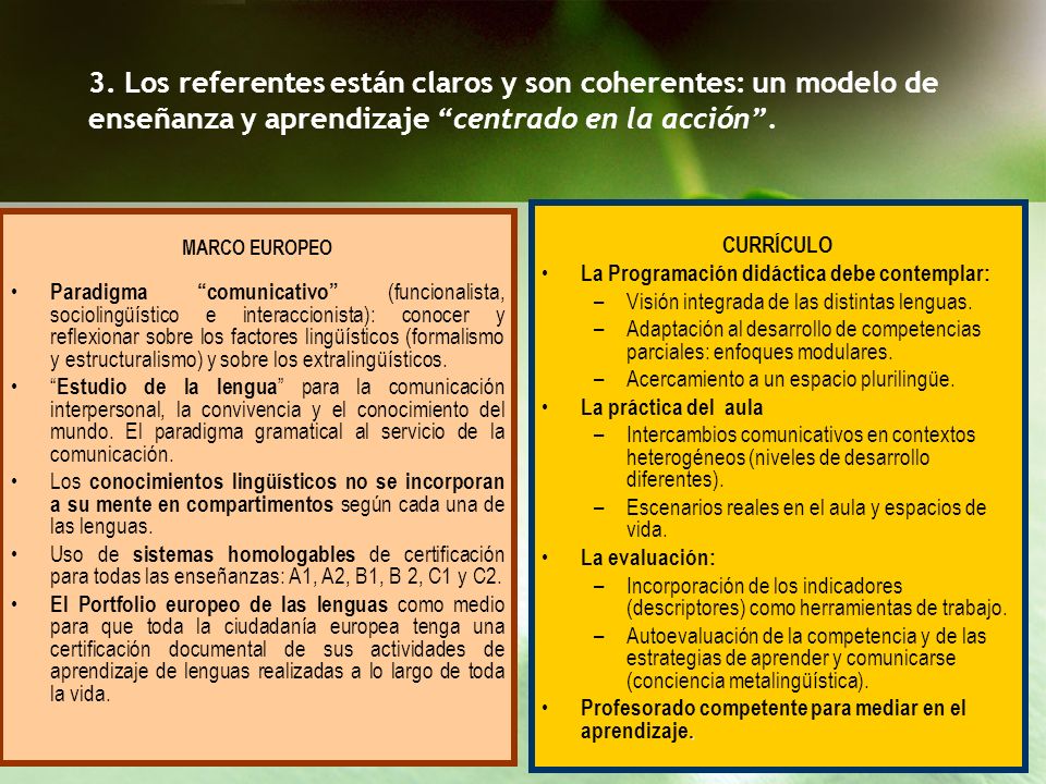 3. Los referentes están claros y son coherentes: un modelo de enseñanza y aprendizaje centrado en la acción .