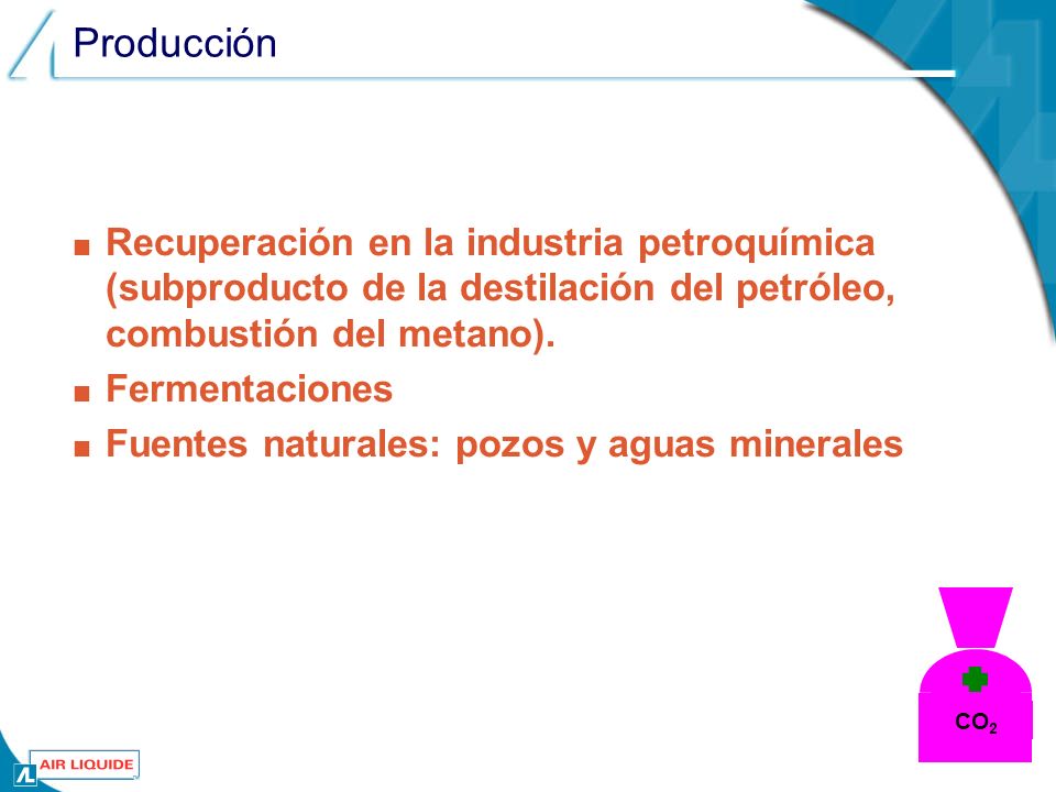 Producción Recuperación en la industria petroquímica (subproducto de la destilación del petróleo, combustión del metano).