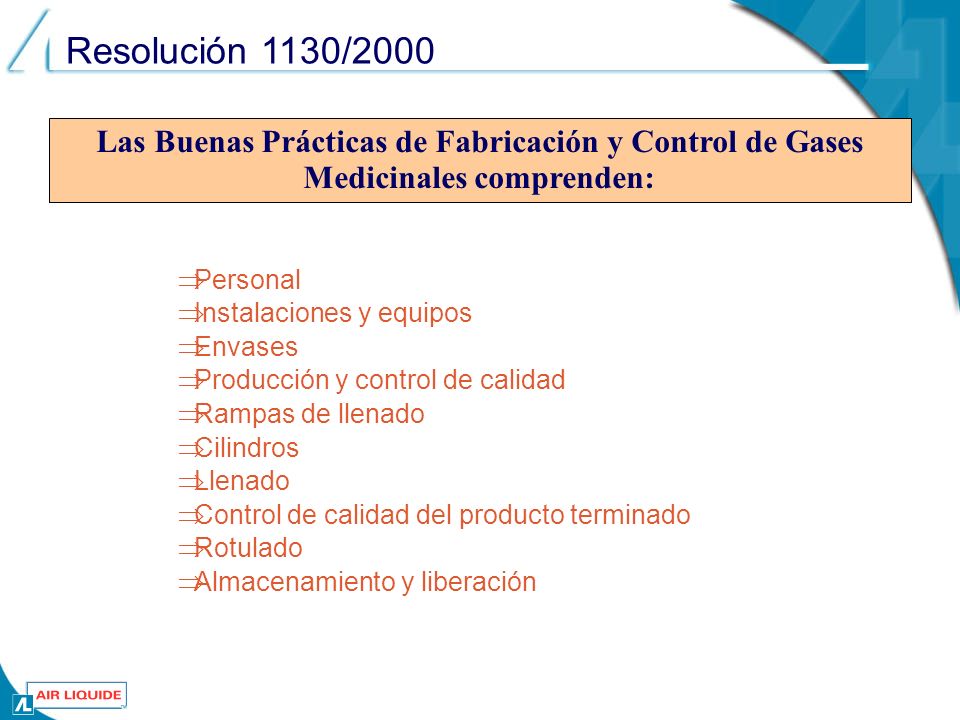 . Resolución 1130/2000. Las Buenas Prácticas de Fabricación y Control de Gases Medicinales comprenden: