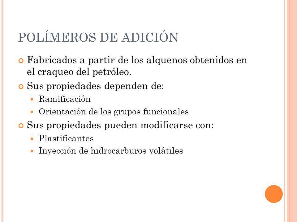 POLÍMEROS DE ADICIÓN Fabricados a partir de los alquenos obtenidos en el craqueo del petróleo. Sus propiedades dependen de: