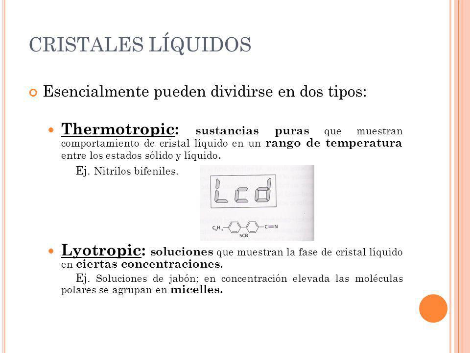 CRISTALES LÍQUIDOS Esencialmente pueden dividirse en dos tipos: