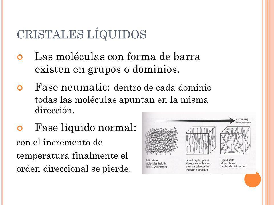 CRISTALES LÍQUIDOS Las moléculas con forma de barra existen en grupos o dominios.