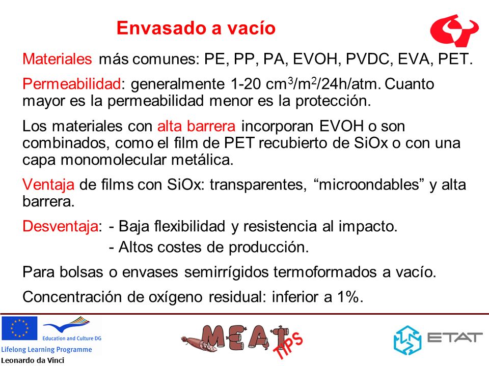 Envasado a vacío Materiales más comunes: PE, PP, PA, EVOH, PVDC, EVA, PET.