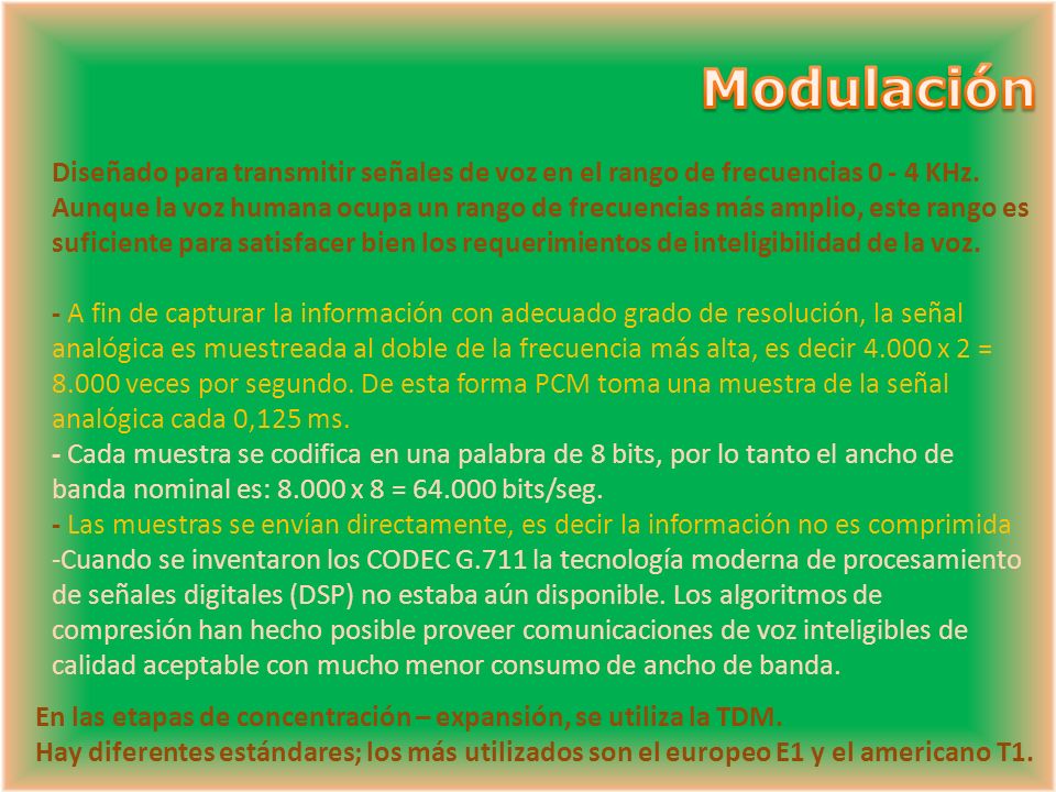 Modulación Diseñado para transmitir señales de voz en el rango de frecuencias KHz.