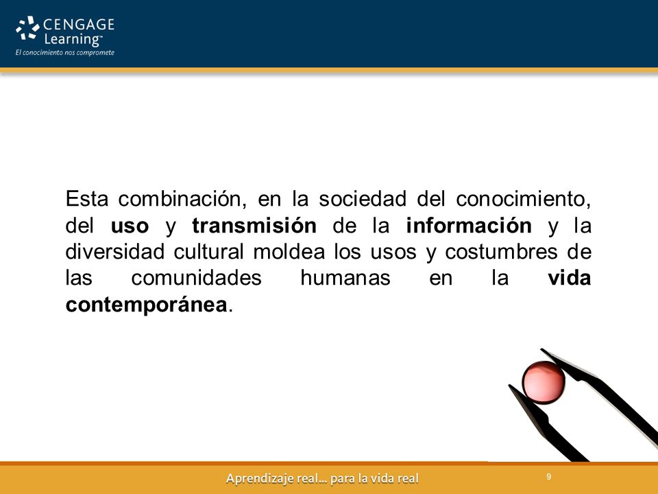 Esta combinación, en la sociedad del conocimiento, del uso y transmisión de la información y la diversidad cultural moldea los usos y costumbres de las comunidades humanas en la vida contemporánea.