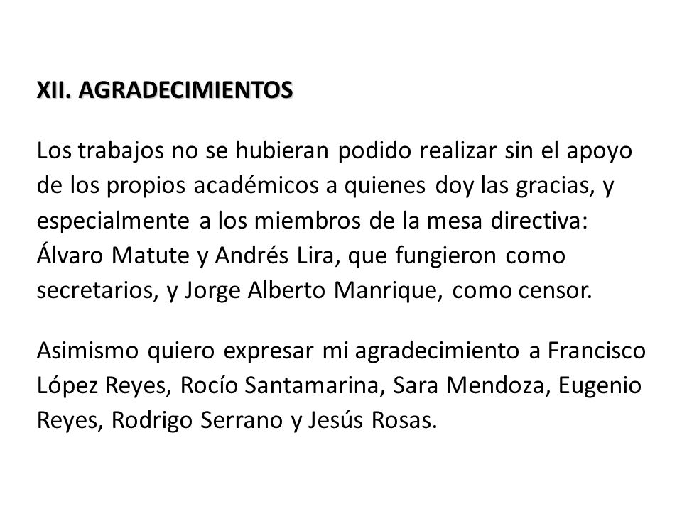 XII. AGRADECIMIENTOS Los trabajos no se hubieran podido realizar sin el apoyo. de los propios académicos a quienes doy las gracias, y.