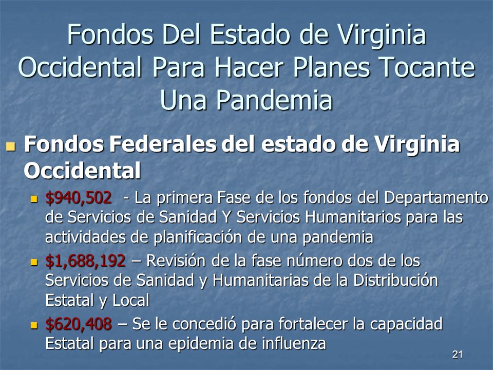 Fondos Del Estado de Virginia Occidental Para Hacer Planes Tocante Una Pandemia