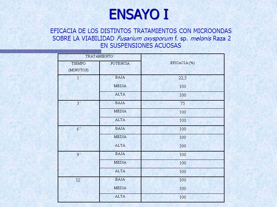 ENSAYO I EFICACIA DE LOS DISTINTOS TRATAMIENTOS CON MICROONDAS SOBRE LA VIABILIDAD Fusarium oxysporum f.