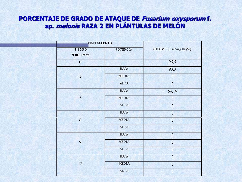PORCENTAJE DE GRADO DE ATAQUE DE Fusarium oxysporum f. sp
