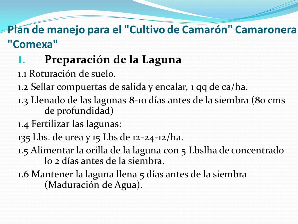 Plan de manejo para el Cultivo de Camarón Camaronera Comexa