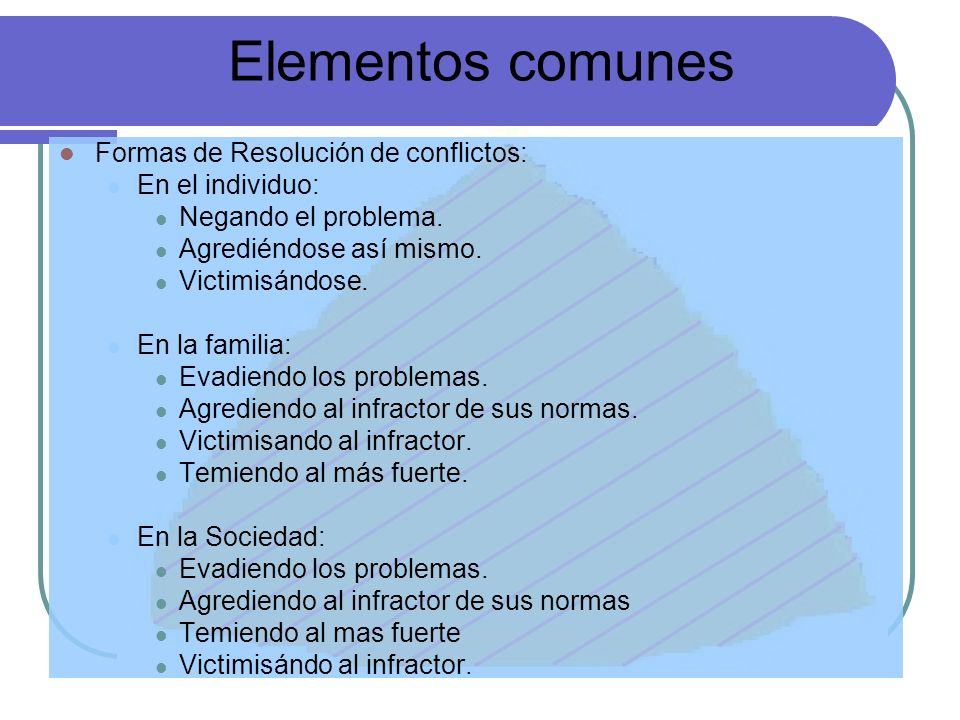 Elementos comunes Formas de Resolución de conflictos: En el individuo: