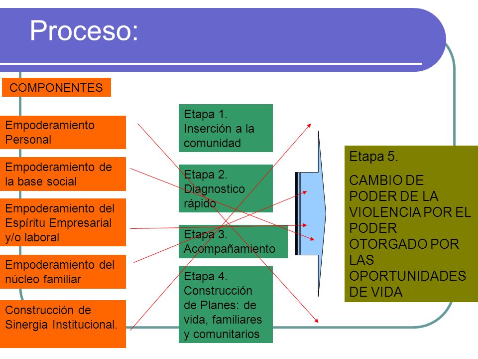 Proceso: COMPONENTES. Etapa 1. Inserción a la comunidad. Empoderamiento Personal. Etapa 5.