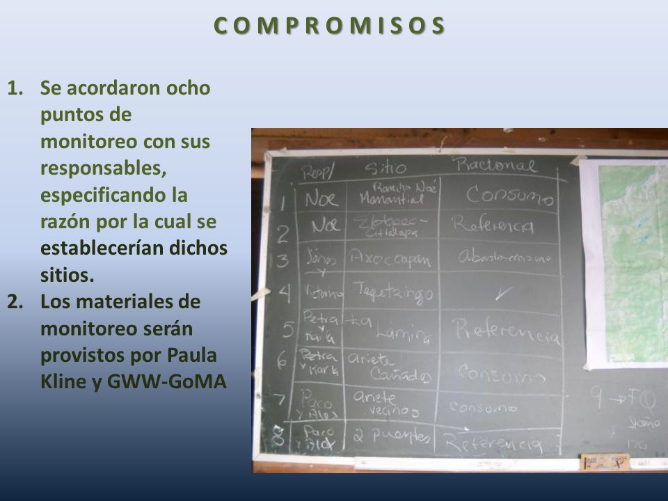 C O M P R O M I S O S Se acordaron ocho puntos de monitoreo con sus responsables, especificando la razón por la cual se establecerían dichos sitios.