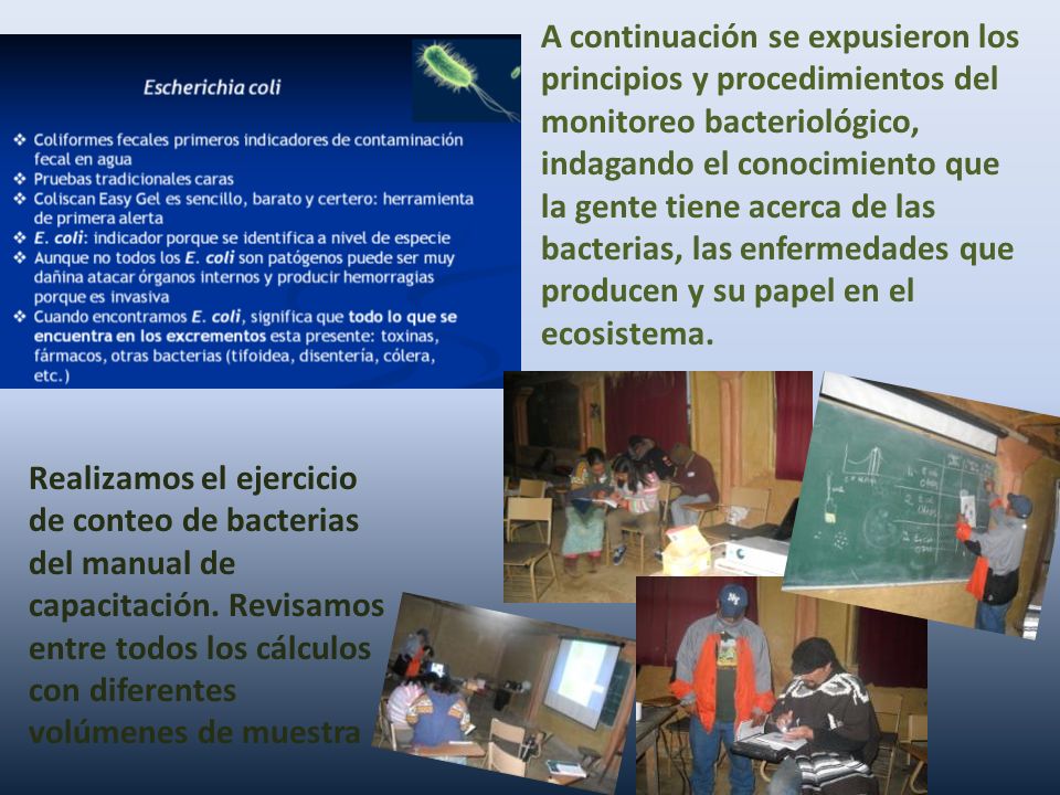 A continuación se expusieron los principios y procedimientos del monitoreo bacteriológico, indagando el conocimiento que la gente tiene acerca de las bacterias, las enfermedades que producen y su papel en el ecosistema.