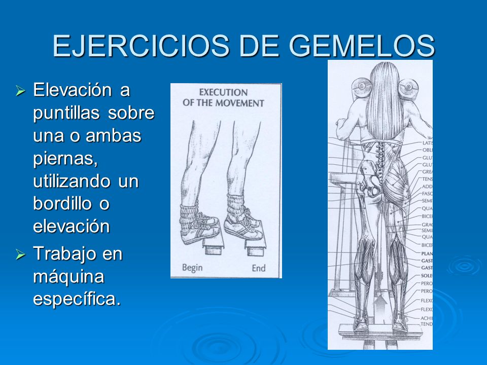 EJERCICIOS DE GEMELOS Elevación a puntillas sobre una o ambas piernas, utilizando un bordillo o elevación.