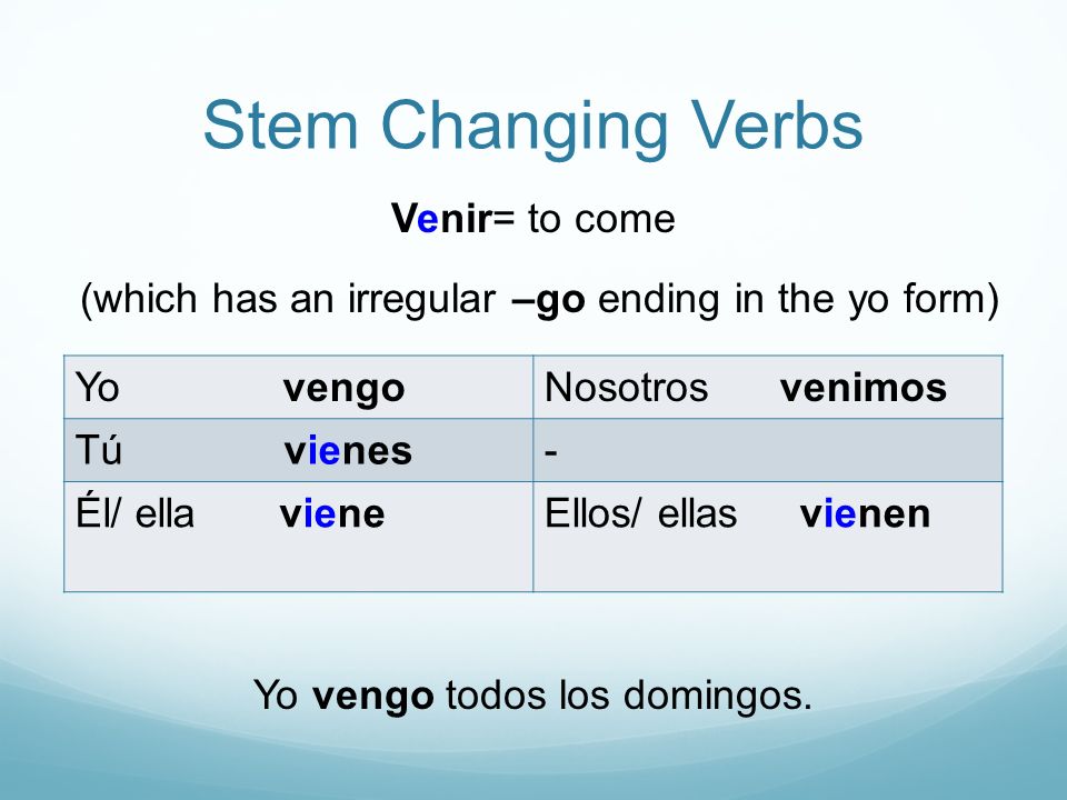 Stem Changing Verbs Venir= to come (which has an irregular –go ending in the yo form) Yo vengo todos los domingos.