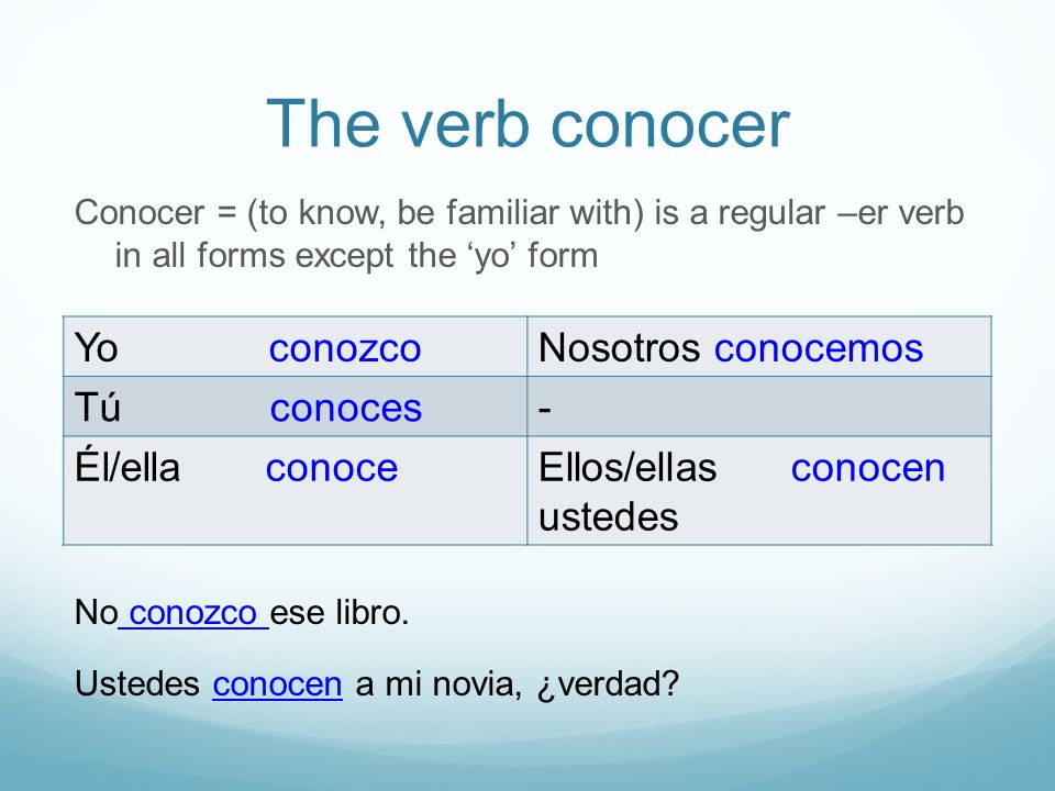 The verb conocer Yo conozco Nosotros conocemos Tú conoces -