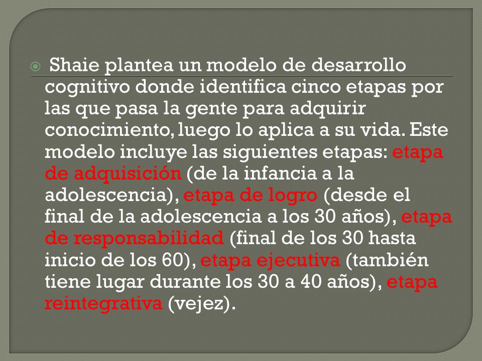 Shaie plantea un modelo de desarrollo cognitivo donde identifica cinco etapas por las que pasa la gente para adquirir conocimiento, luego lo aplica a su vida.