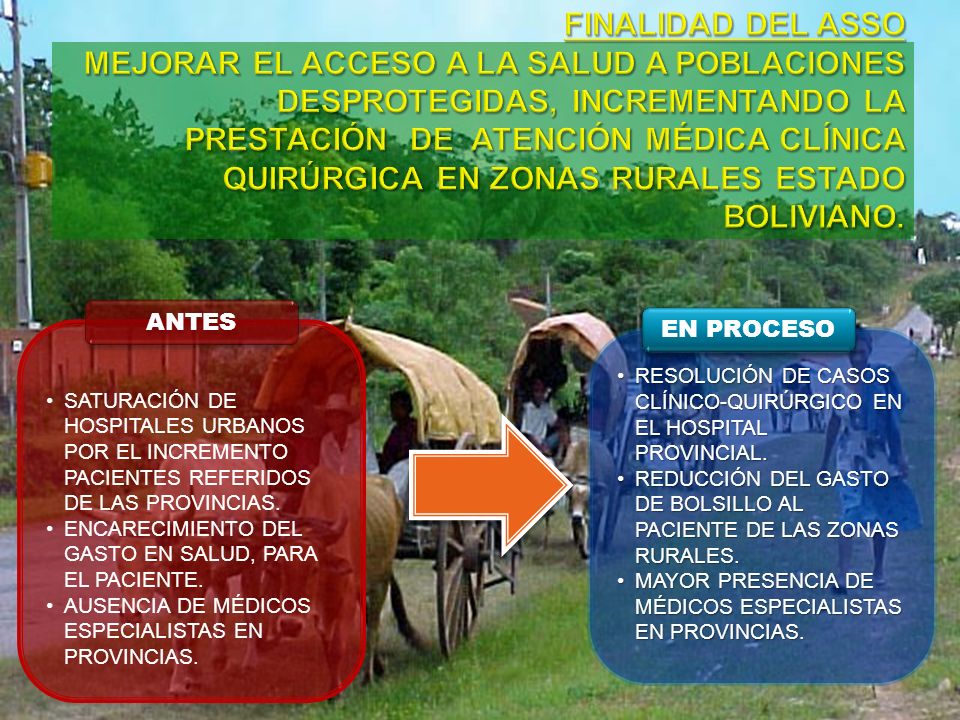 FINALIDAD DEL ASSO MEJORAR EL ACCESO A LA SALUD A POBLACIONES DESPROTEGIDAS, INCREMENTANDO LA PRESTACIÓN DE ATENCIÓN MÉDICA CLÍNICA QUIRÚRGICA EN ZONAS RURALES ESTADO BOLIVIANO.