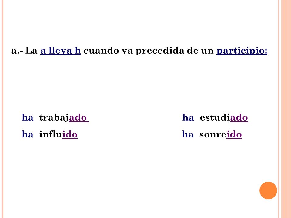 a.- La a lleva h cuando va precedida de un participio: