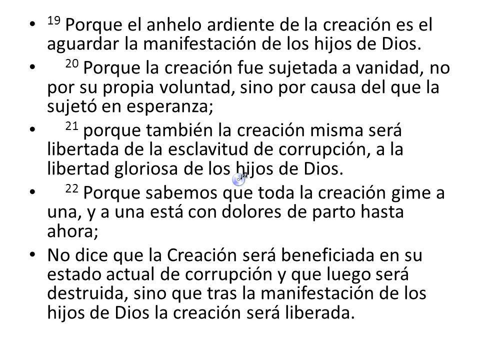 19 Porque el anhelo ardiente de la creación es el aguardar la manifestación de los hijos de Dios.