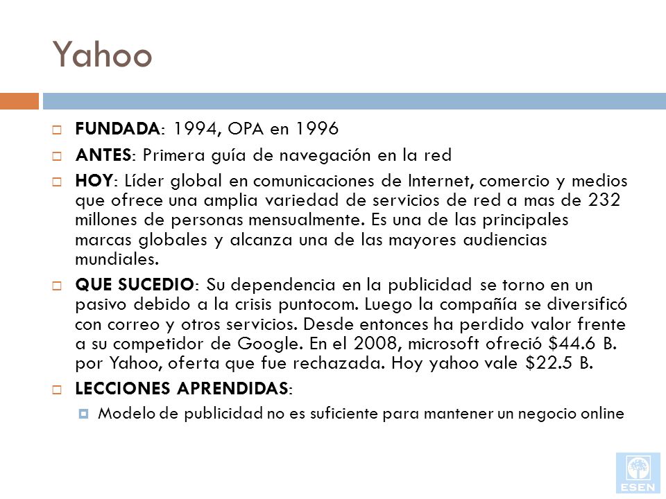 Yahoo FUNDADA: 1994, OPA en ANTES: Primera guía de navegación en la red.