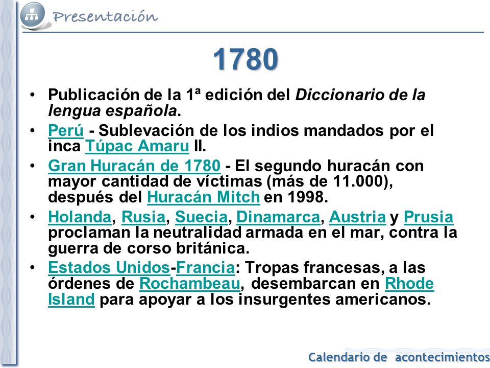 1780 Publicación de la 1ª edición del Diccionario de la lengua española. Perú - Sublevación de los indios mandados por el inca Túpac Amaru II.