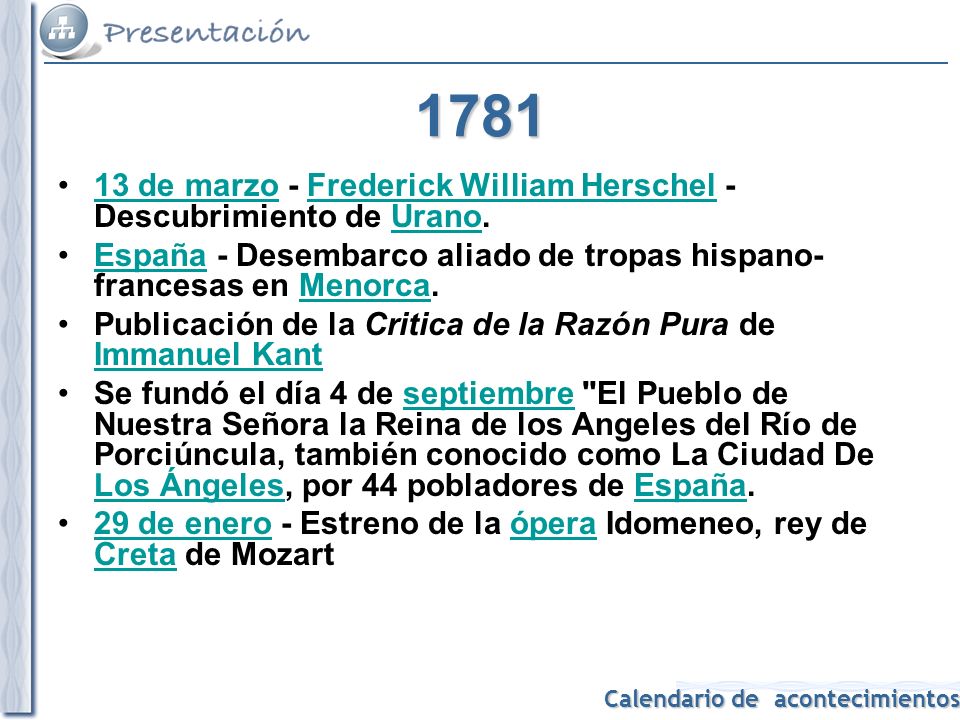 de marzo - Frederick William Herschel - Descubrimiento de Urano. España - Desembarco aliado de tropas hispano-francesas en Menorca.