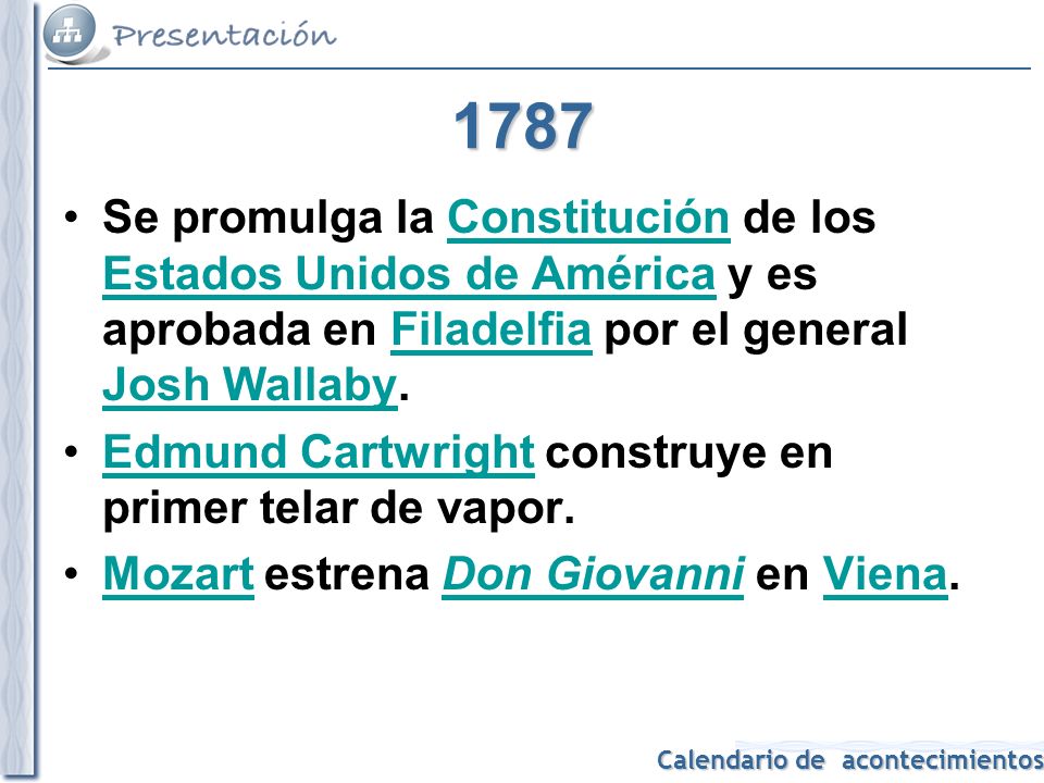 1787 Se promulga la Constitución de los Estados Unidos de América y es aprobada en Filadelfia por el general Josh Wallaby.