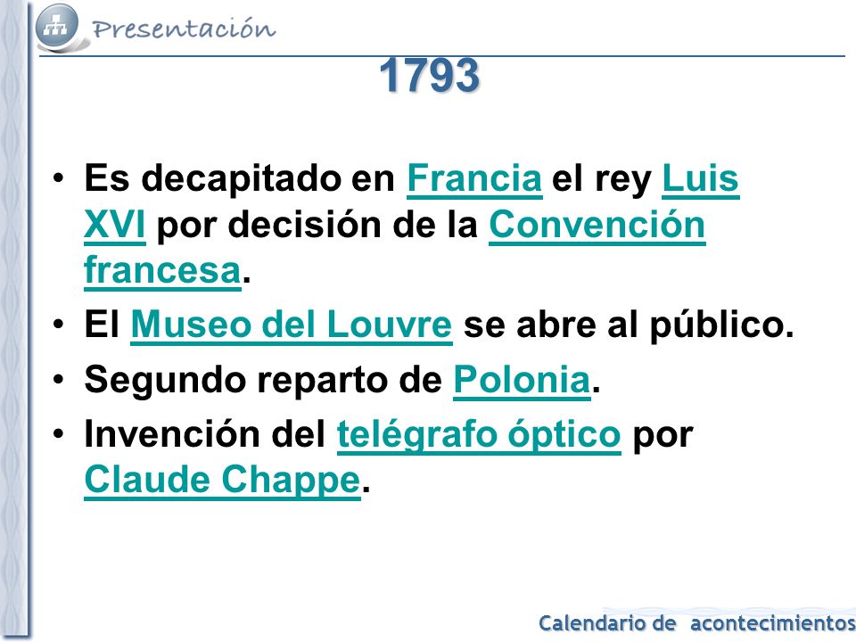 1793 Es decapitado en Francia el rey Luis XVI por decisión de la Convención francesa. El Museo del Louvre se abre al público.