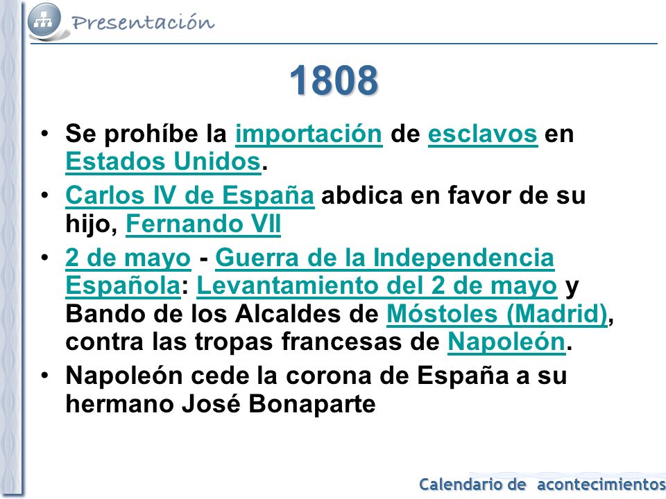 1808 Se prohíbe la importación de esclavos en Estados Unidos.