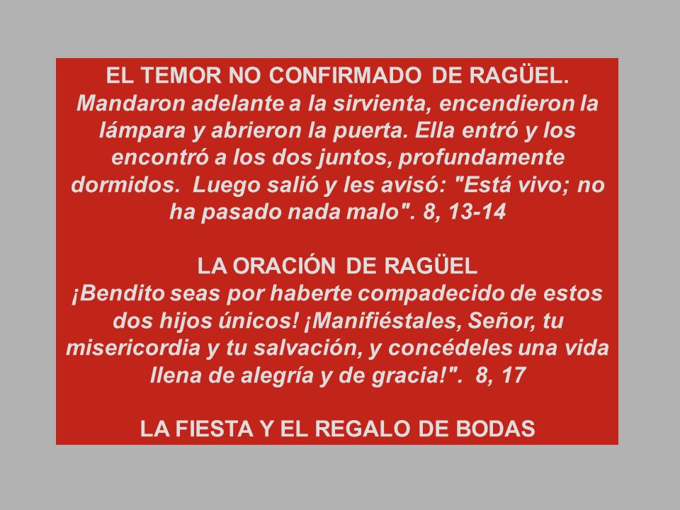 EL TEMOR NO CONFIRMADO DE RAGÜEL. LA FIESTA Y EL REGALO DE BODAS