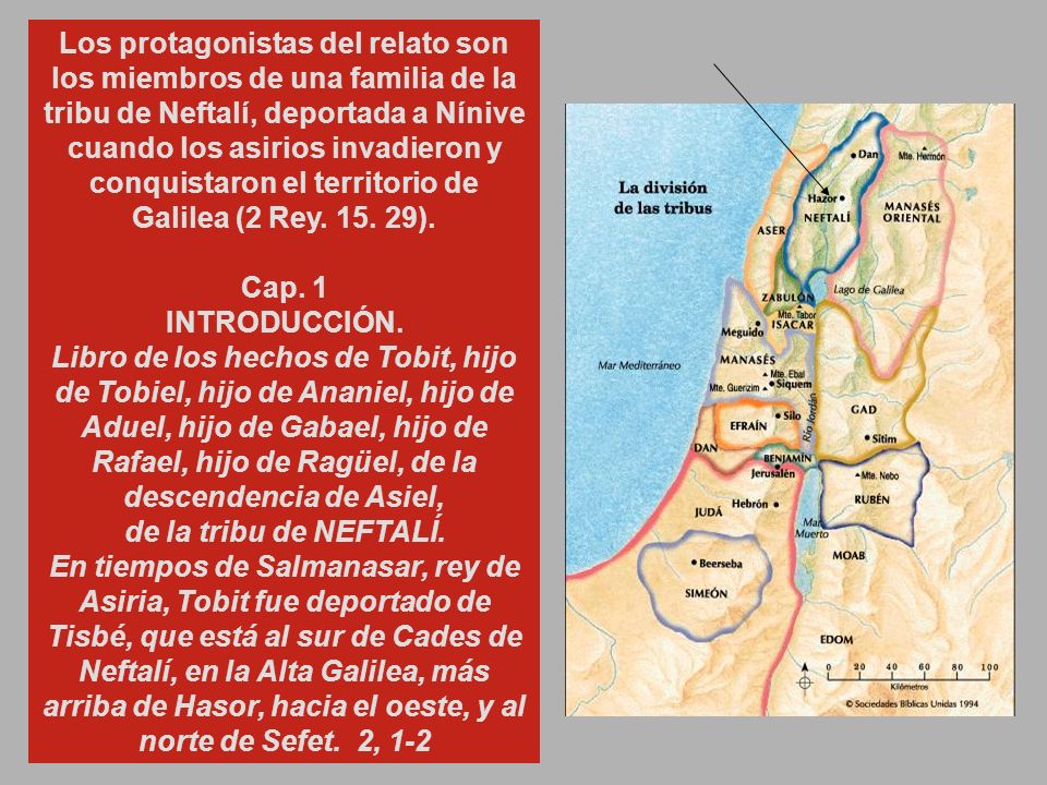 Los protagonistas del relato son los miembros de una familia de la tribu de Neftalí, deportada a Nínive cuando los asirios invadieron y conquistaron el territorio de Galilea (2 Rey ).