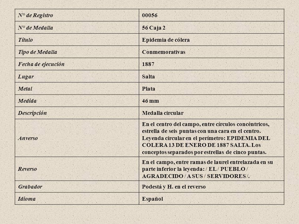 N° de Registro N° de Medalla. 56 Caja 2. Título. Epidemia de cólera. Tipo de Medalla. Conmemorativas.