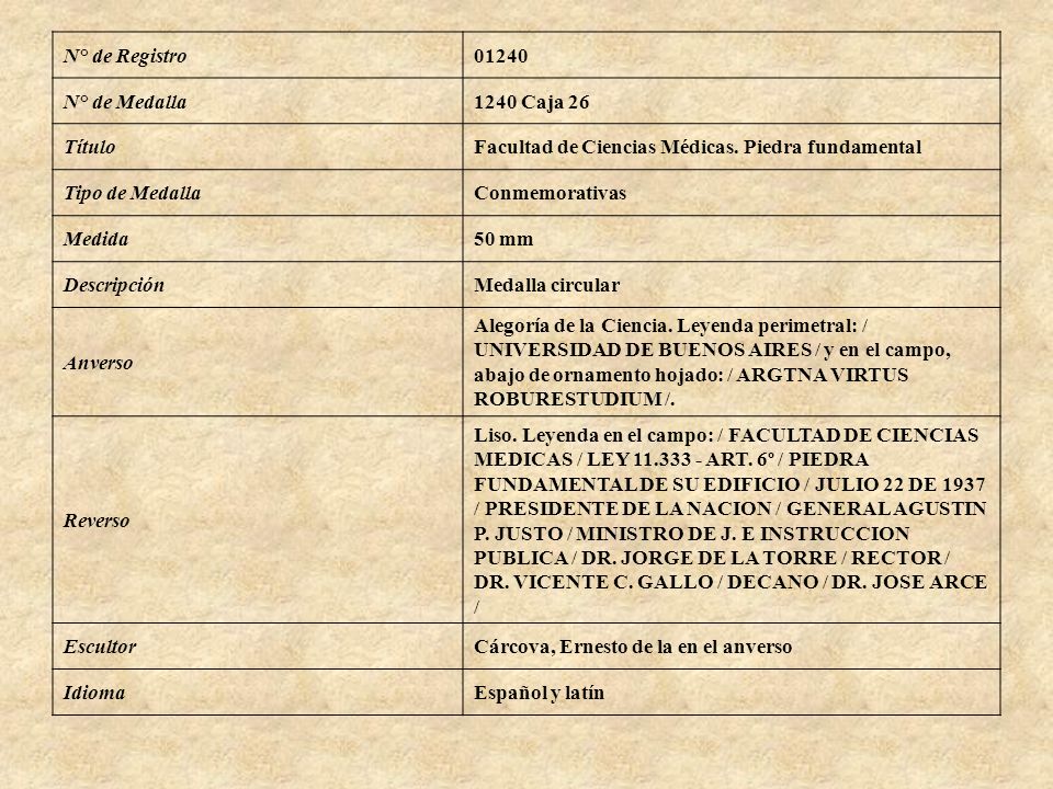 N° de Registro N° de Medalla Caja 26. Título. Facultad de Ciencias Médicas. Piedra fundamental.