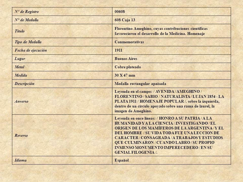 N° de Registro N° de Medalla. 608 Caja 13. Título. Florentino Ameghino, cuyas contribuciones científicas.