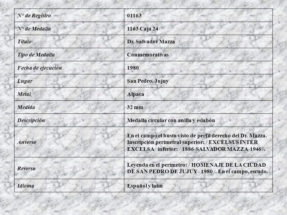 N° de Registro N° de Medalla Caja 24. Título. Dr. Salvador Mazza. Tipo de Medalla.