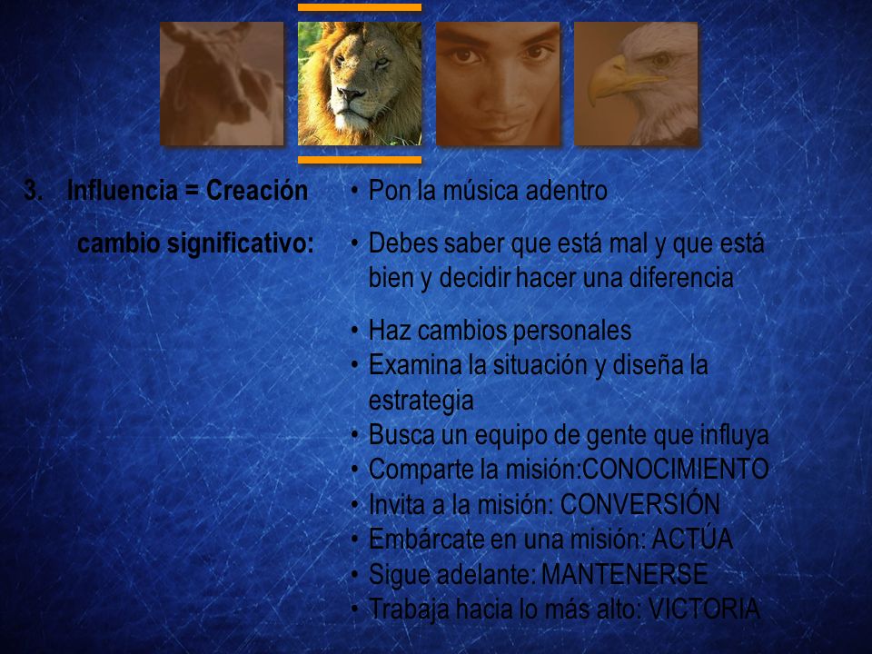 Influencia = Creación cambio significativo: Pon la música adentro. Debes saber que está mal y que está bien y decidir hacer una diferencia.